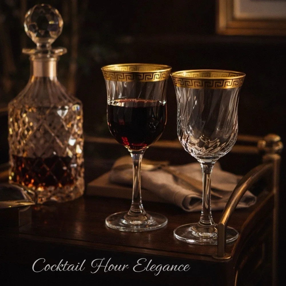 Vintage Gold Greek Key Wine Glasses Set‎ of 2 Optic Swirl Bowl Elegant Barware